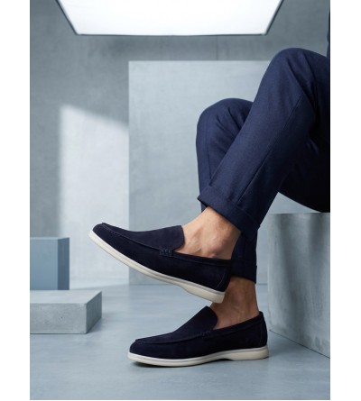 BA0252 %100 İçi Dışı Hakiki Deri Erkek Lacivert Süet Casual Loafer Termo Taban Ayakkabı