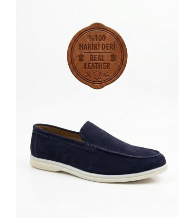 BA0252 %100 İçi Dışı Hakiki Deri Erkek Lacivert Süet Casual Loafer Termo Taban Ayakkabı