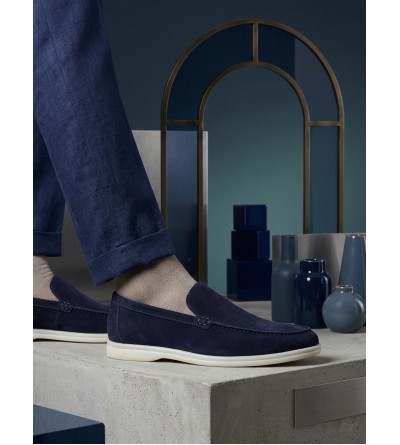 BA0252 %100 İçi Dışı Hakiki Deri Erkek Lacivert Süet Casual Loafer Termo Taban Ayakkabı