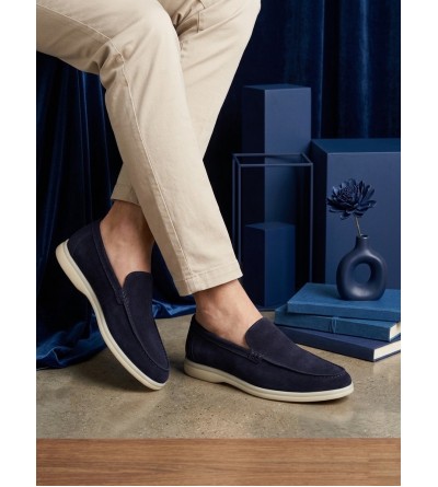 BA0252 %100 İçi Dışı Hakiki Deri Erkek Lacivert Süet Casual Loafer Termo Taban Ayakkabı