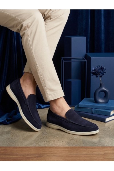 BA0252 %100 İçi Dışı Hakiki Deri Erkek Lacivert Süet Casual Loafer Termo Taban Ayakkabı