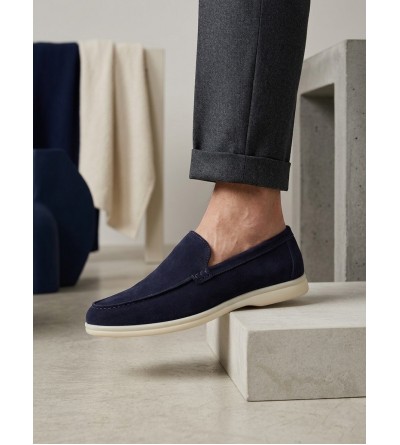 BA0252 %100 İçi Dışı Hakiki Deri Erkek Lacivert Süet Casual Loafer Termo Taban Ayakkabı
