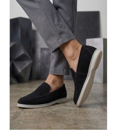 BA0252 %100 İçi Dışı Hakiki Deri Erkek Siyah Süet Casual Loafer Termo Taban Ayakkabı