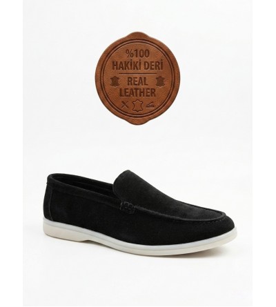 BA0252 %100 İçi Dışı Hakiki Deri Erkek Siyah Süet Casual Loafer Termo Taban Ayakkabı