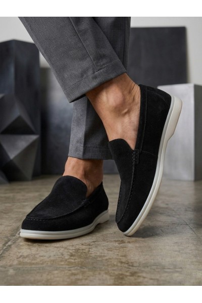 BA0252 %100 İçi Dışı Hakiki Deri Erkek Siyah Süet Casual Loafer Termo Taban Ayakkabı