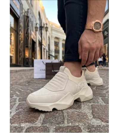 BA0402 Bağcıksız Rahat Yüksek Taban Krem Süet Erkek Spor Ayakkabı