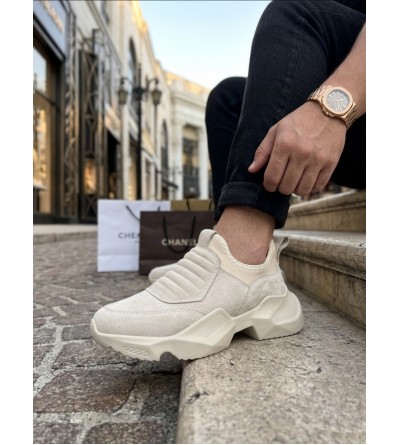 BA0402 Bağcıksız Rahat Yüksek Taban Krem Süet Erkek Spor Ayakkabı