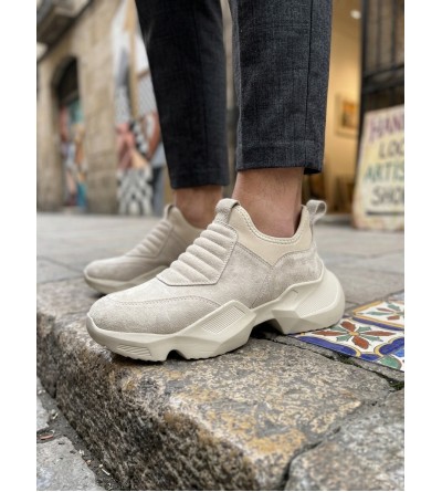 BA0402 Bağcıksız Rahat Yüksek Taban Krem Süet Erkek Spor Ayakkabı