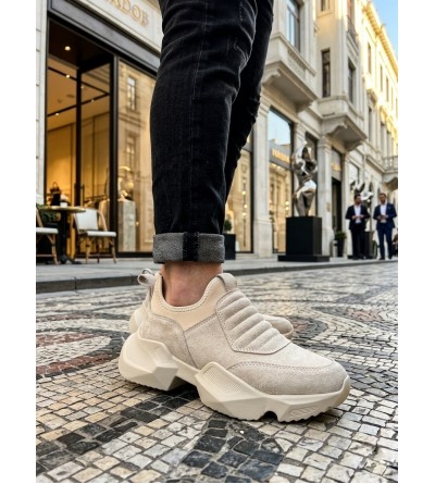 BA0402 Bağcıksız Rahat Yüksek Taban Krem Süet Erkek Spor Ayakkabı