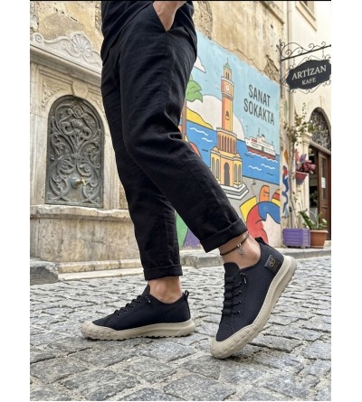 BA0248 BOA Siyah Bej Taban Esnek Bağcıklı Ultra Hafif Nefes Alan Sneaker Ayakkabı