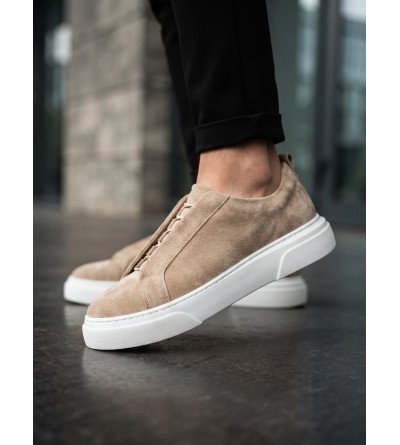 BA0581 Erkek Sneaker Günlük Casual Spor Ayakkabı Krem Süet Beyaz Taban 