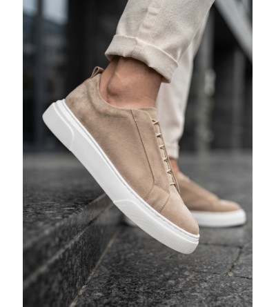 BA0581 Erkek Sneaker Günlük Casual Spor Ayakkabı Krem Süet Beyaz Taban 