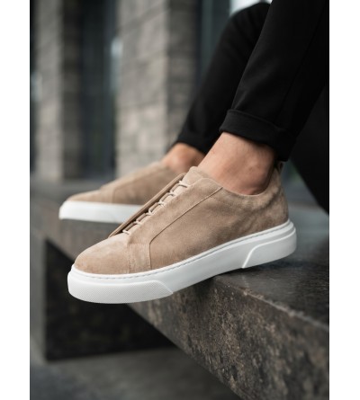 BA0581 Erkek Sneaker Günlük Casual Spor Ayakkabı Krem Süet Beyaz Taban 