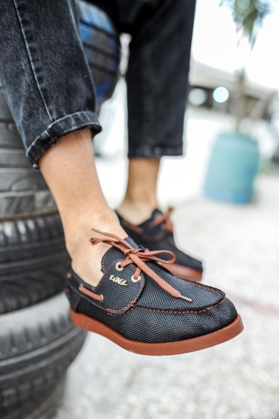 Knack Mevsimlik Keten Ayakkabı 008 Siyah (Taba Taban)