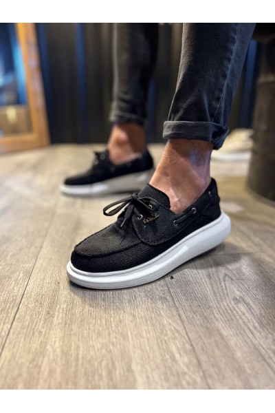 Knack Yüksek Taban Mevsimlik Keten Ayakkabı 009 Siyah (Beyaz Taban)