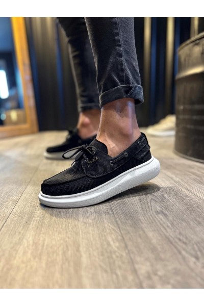 Knack Yüksek Taban Mevsimlik Keten Ayakkabı 009 Siyah (Beyaz Taban)