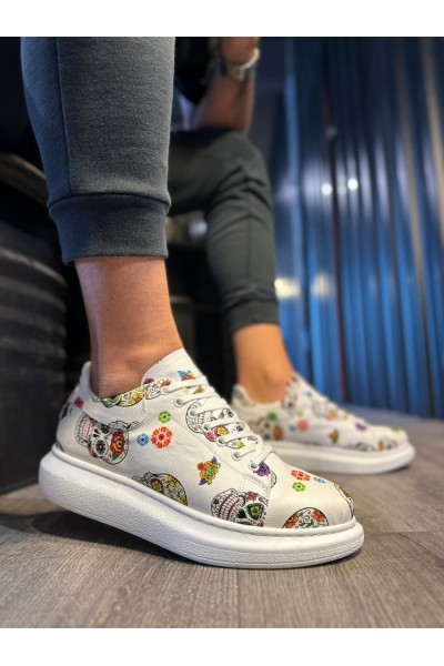 Knack Yüksek Taban Renkli Baskılı Günlük Ayakkabı 046 Beyaz Kurukafa