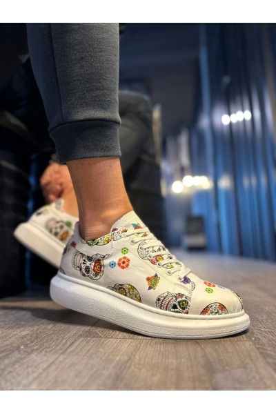 Knack Yüksek Taban Renkli Baskılı Günlük Ayakkabı 046 Beyaz Kurukafa