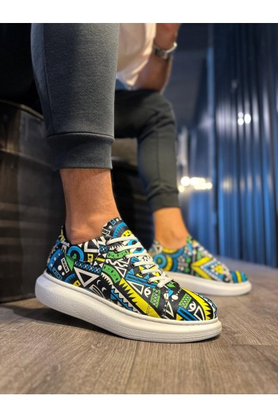 Knack Yüksek Taban Renkli Baskılı Günlük Ayakkabı 046 Sarı (Beyaz Taban)