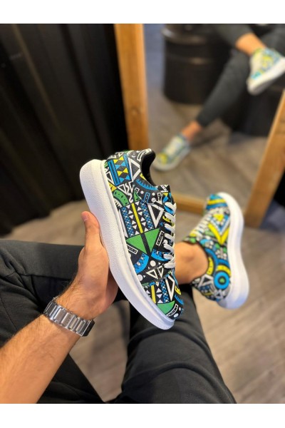 Knack Yüksek Taban Renkli Baskılı Günlük Ayakkabı 046 Sarı (Beyaz Taban)