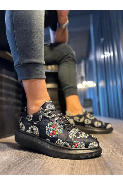 Knack Yüksek Taban Renkli Baskılı Günlük Ayakkabı 046 Siyah Kurukafa