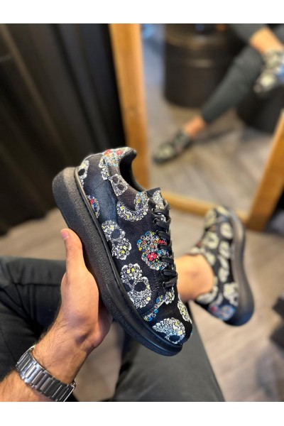 Knack Yüksek Taban Renkli Baskılı Günlük Ayakkabı 046 Siyah Kurukafa