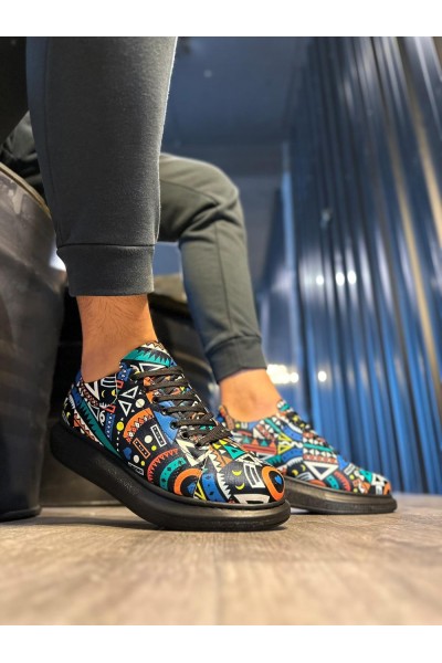 Knack Yüksek Taban Renkli Baskılı Günlük Ayakkabı 046 Siyah (Siyah Taban)