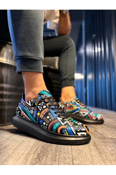 Knack Yüksek Taban Renkli Baskılı Günlük Ayakkabı 046 Siyah (Siyah Taban)