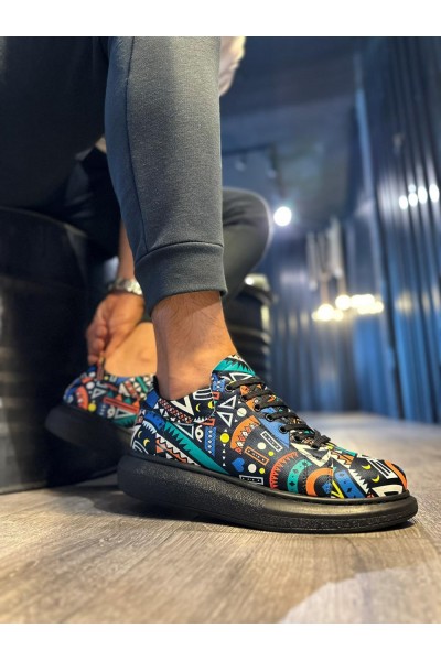 Knack Yüksek Taban Renkli Baskılı Günlük Ayakkabı 046 Siyah (Siyah Taban)