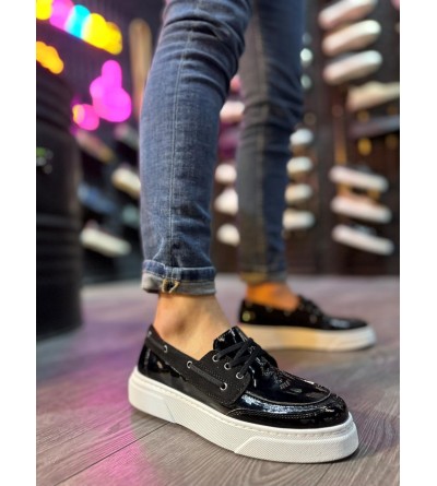 Knack Yüksek Taban Günlük Ayakkabı 700 Siyah Rugan (Beyaz Taban)