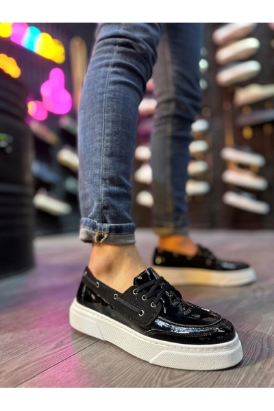 Knack Yüksek Taban Günlük Ayakkabı 700 Siyah Rugan (Beyaz Taban)