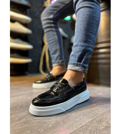 Knack Yüksek Taban Günlük Ayakkabı 700 Siyah Rugan (Beyaz Taban)