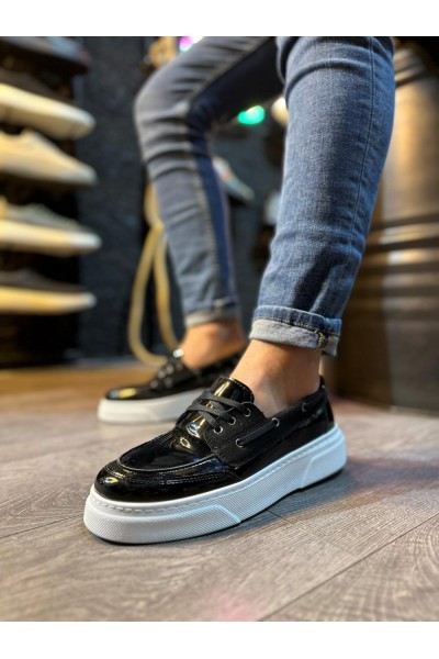 Knack Yüksek Taban Günlük Ayakkabı 700 Siyah Rugan (Beyaz Taban)