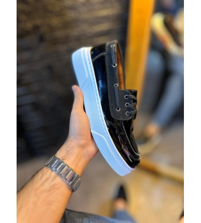 Knack Yüksek Taban Günlük Ayakkabı 700 Siyah Rugan (Beyaz Taban)