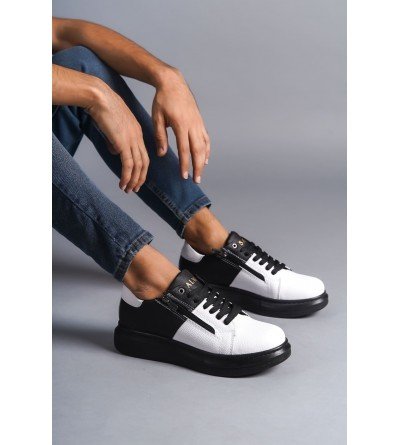 SLW155 Warrior Bağcıklı ve Fermuarlı Cilt Erkek Günlük Sneaker Ayakkabı CST - Siyah/Beyaz