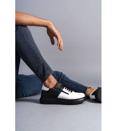 SLW155 Warrior Bağcıklı ve Fermuarlı Cilt Erkek Günlük Sneaker Ayakkabı CST - Siyah/Beyaz