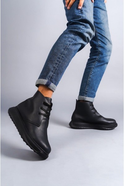 SLW204 Franca Bağcıklı Cilt Erkek Spor Bot ST - Siyah