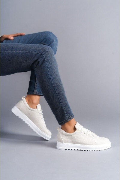 SLW152 Cool Bağcıklı Keten Erkek Günlük Spor Klasik Ayakkabı KBT - Beyaz