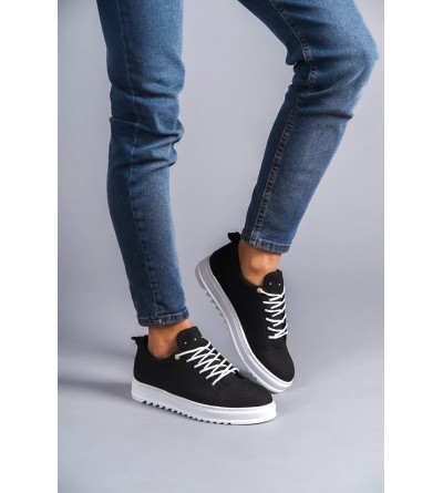 SLW152 Cool Bağcıklı Keten Erkek Günlük Spor Klasik Ayakkabı KBT - Siyah