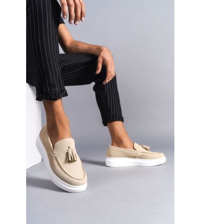 SLW154 Blaze Bağcıksız Püsküllü Süet Erkek Günlük Spor Klasik Ayakkabı SBT - Krem