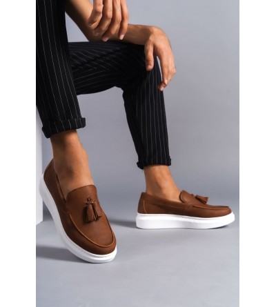 SLW154 Blaze Bağcıksız Püsküllü Cilt Erkek Günlük Spor Klasik Ayakkabı CBT - Taba