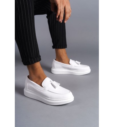 SLW154 Blaze Bağcıksız Püsküllü Cilt Erkek Günlük Spor Klasik Ayakkabı CBT - Beyaz