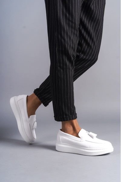 SLW154 Blaze Bağcıksız Püsküllü Cilt Erkek Günlük Spor Klasik Ayakkabı CBT - Beyaz