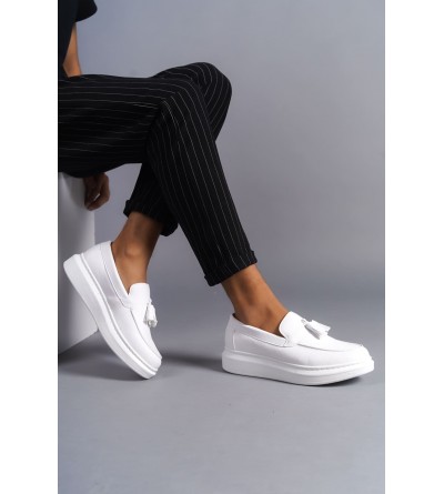 SLW154 Blaze Bağcıksız Püsküllü Cilt Erkek Günlük Spor Klasik Ayakkabı CBT - Beyaz