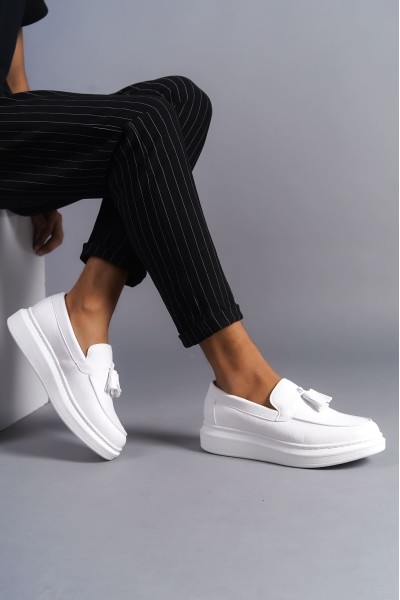 SLW154 Blaze Bağcıksız Püsküllü Cilt Erkek Günlük Spor Klasik Ayakkabı CBT - Beyaz