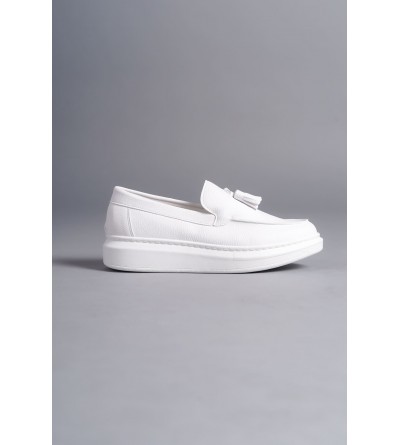 SLW154 Blaze Bağcıksız Püsküllü Cilt Erkek Günlük Spor Klasik Ayakkabı CBT - Beyaz