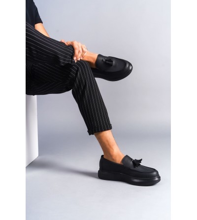 SLW154 Blaze Bağcıksız Püsküllü Cilt Erkek Günlük Spor Klasik Ayakkabı CST - Siyah