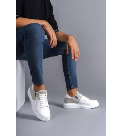 SLW155 Warrior Bağcıklı ve Fermuarlı Cilt Süet Erkek Günlük Sneaker Ayakkabı CSBT - Beyaz/Gri