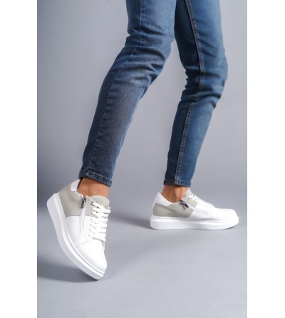 SLW155 Warrior Bağcıklı ve Fermuarlı Cilt Süet Erkek Günlük Sneaker Ayakkabı CSBT - Beyaz/Gri