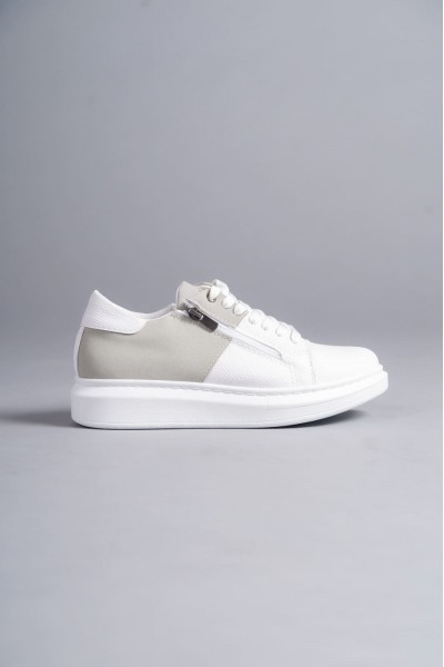 SLW155 Warrior Bağcıklı ve Fermuarlı Cilt Süet Erkek Günlük Sneaker Ayakkabı CSBT - Beyaz/Gri